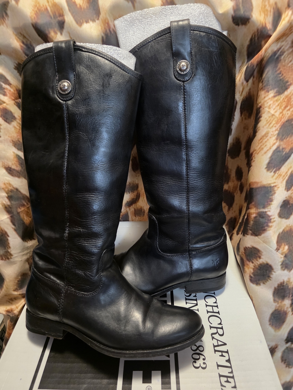 Frye MELISSA BUTTON Black Leather Pull On Tall Riding Boots - Size 7.5
